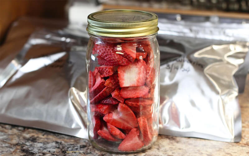 Storing freeze-dried fruit Freeze-dried fruit stored in Mylar bags and glass jars