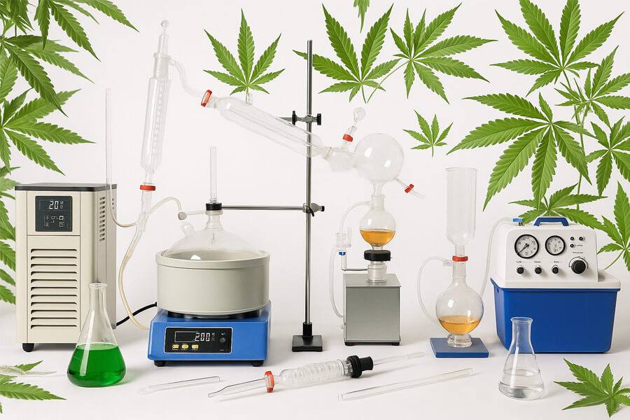 cannabinoid extraction overview with hemp leaves and lab equipment