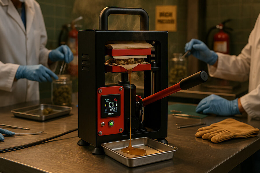 Solventless Cannabinoid Extraction rosin press extracting cannabinoids from flower