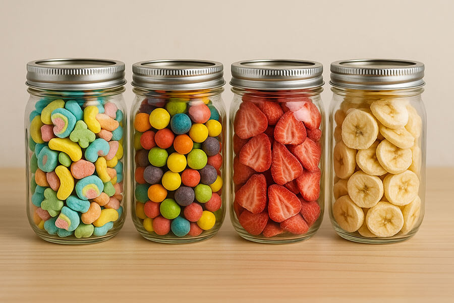 freeze dried candy and fruits in mason jars