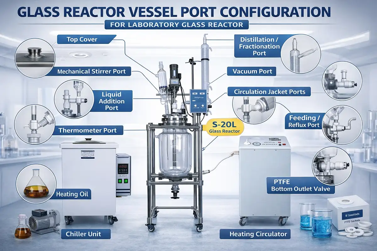 glass reactor vessel port configuration for laboratory glass reactor