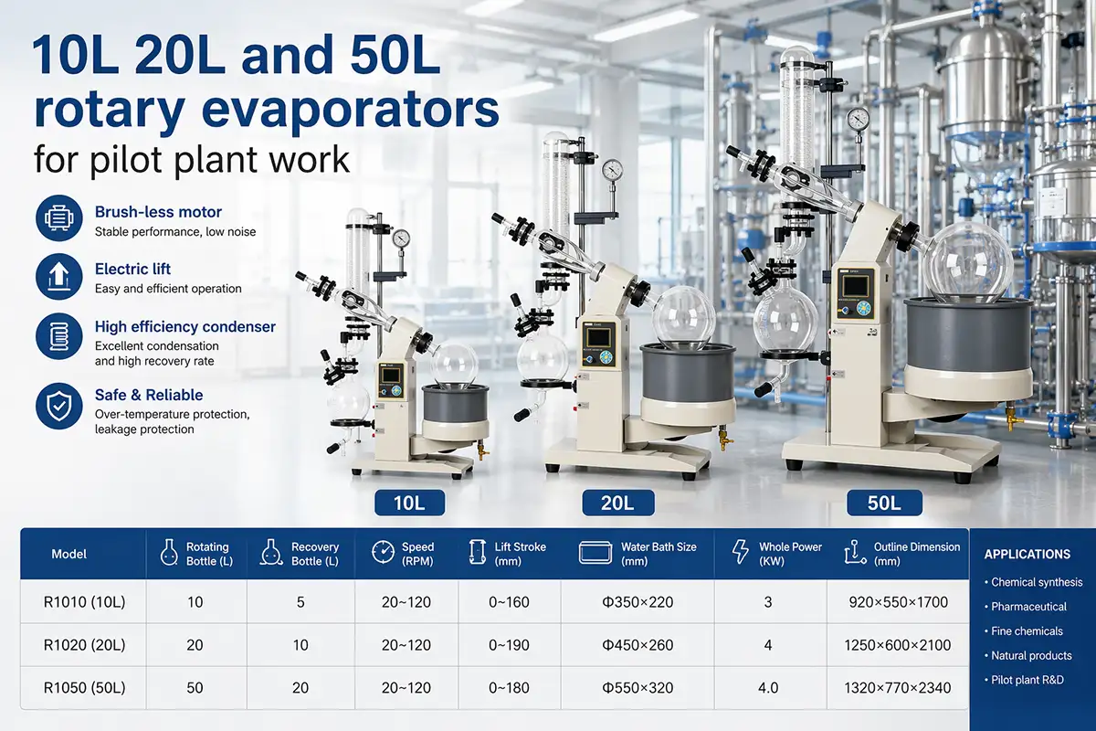 ZZKD rotary evaporator sizes for pilot plants 10L 20L and 50L ZZKD rotary evaporators for pilot plant work