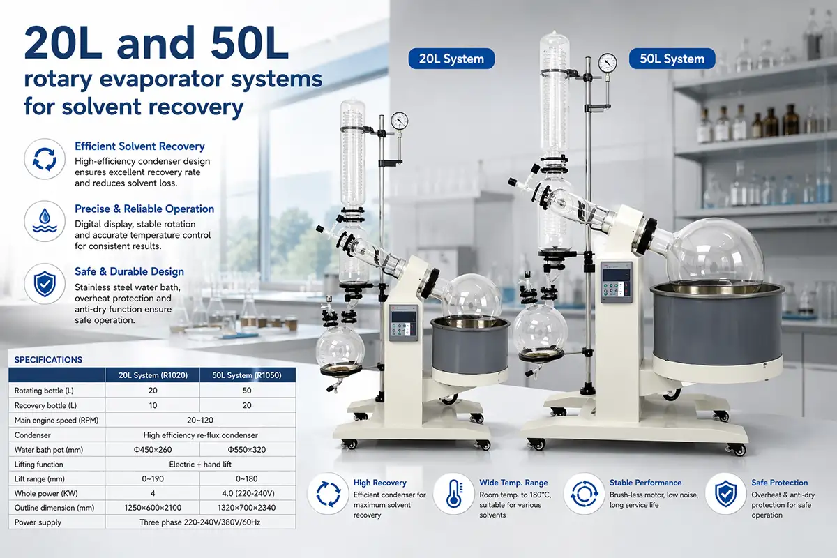 pilot scale rotary evaporator systems 20L and 50L rotary evaporator systems for solvent recovery