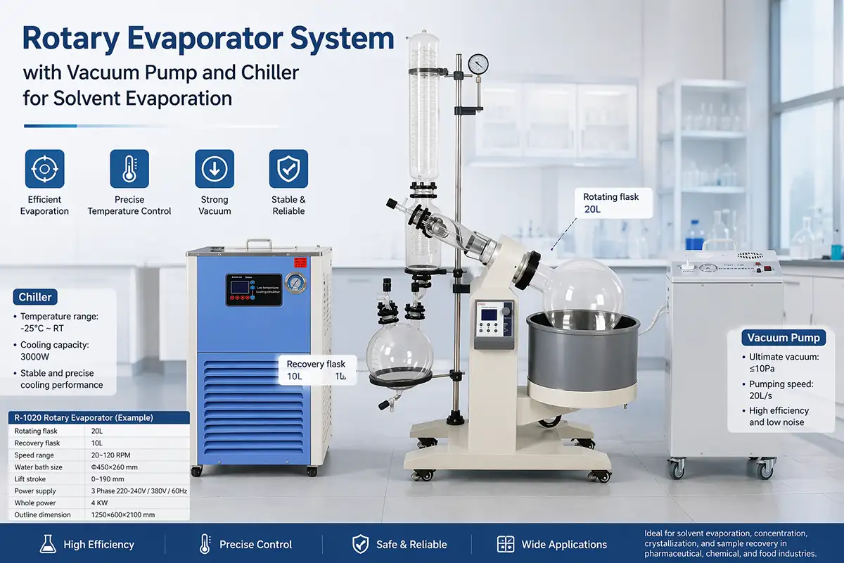 complete rotovap system for solvent evaporation rotary evaporator system with vacuum pump and chiller for solvent evaporation