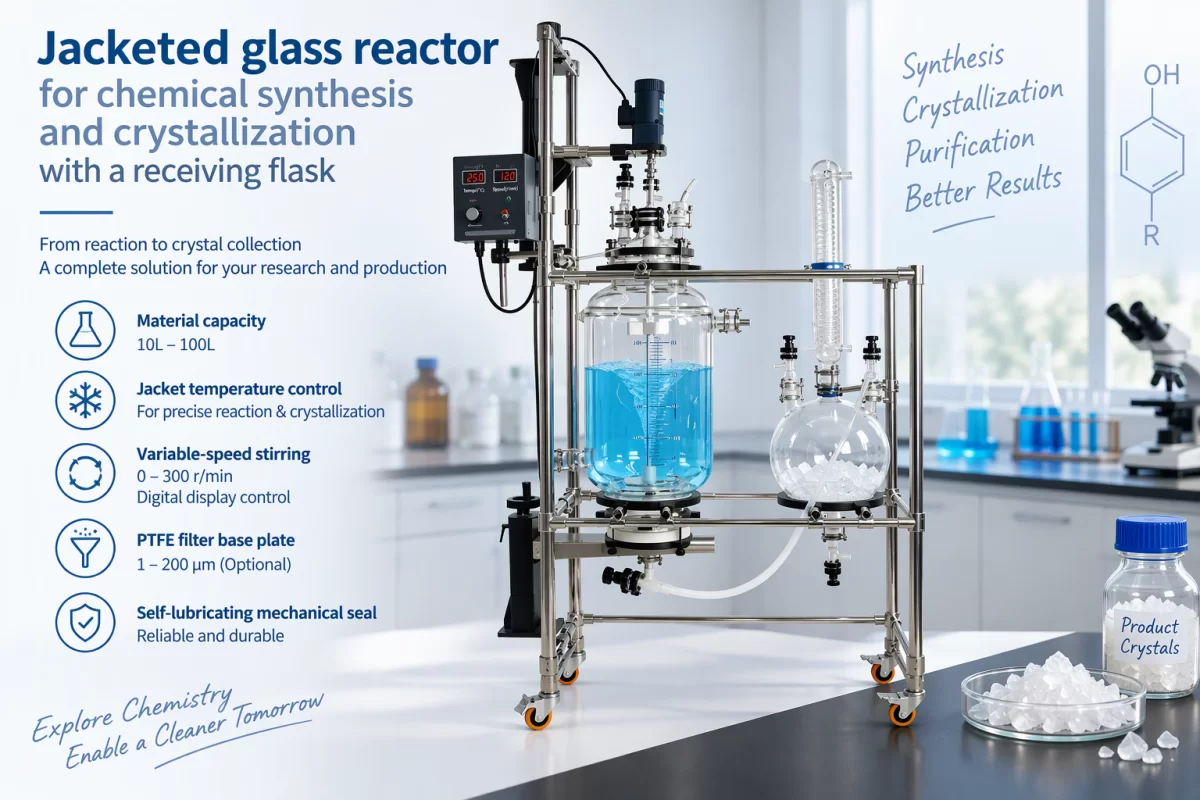Jacketed Glass Reactor for Synthesis and Crystallization Jacketed glass reactor for chemical synthesis and crystallization with a receiving flask