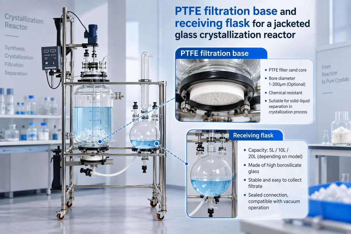 PTFE Filtration and Liquid Collection PTFE filtration base and receiving flask for a jacketed glass crystallization reactor