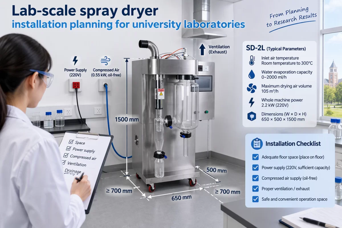 University spray dryer utilities and safety planning Lab-scale spray dryer installation planning for university laboratories