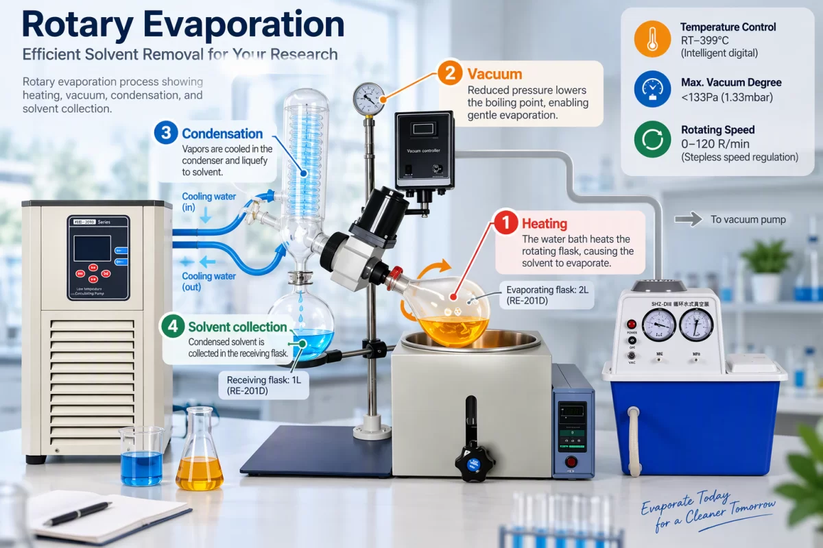 Working principle of vacuum rotary evaporation Rotary evaporation process showing heating, vacuum, condensation, and solvent collection