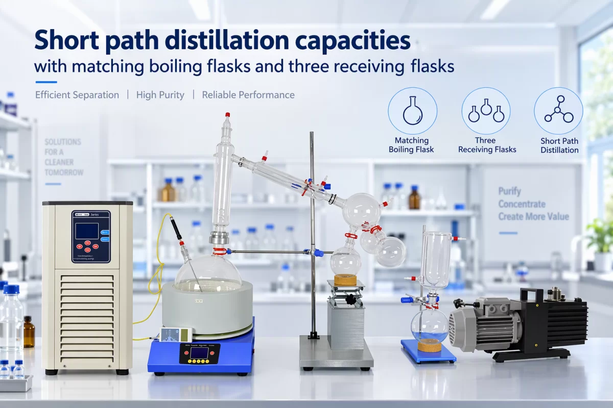 Comparing SPD boiling flask and receiving flask capacities Short path distillation capacities with matching boiling flasks and three receiving flasks