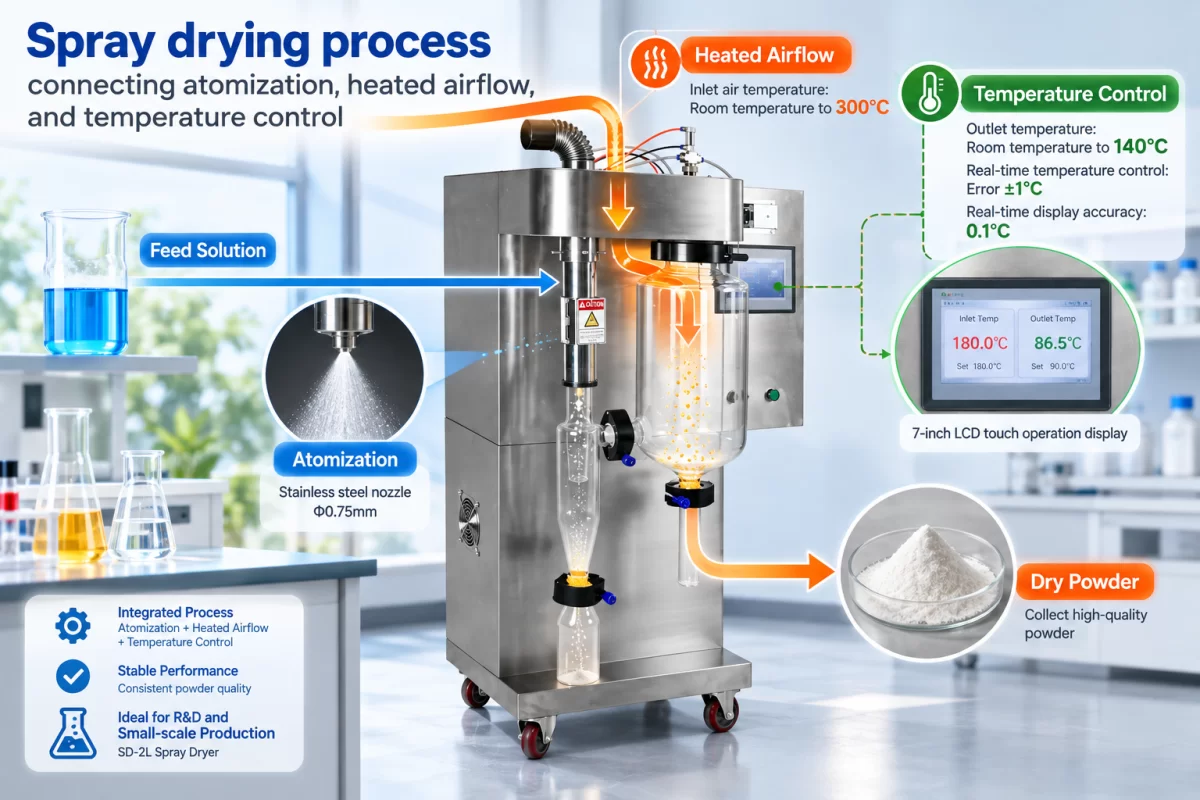 Atomization and temperature-control considerations Spray drying process connecting atomization, heated airflow, and temperature control